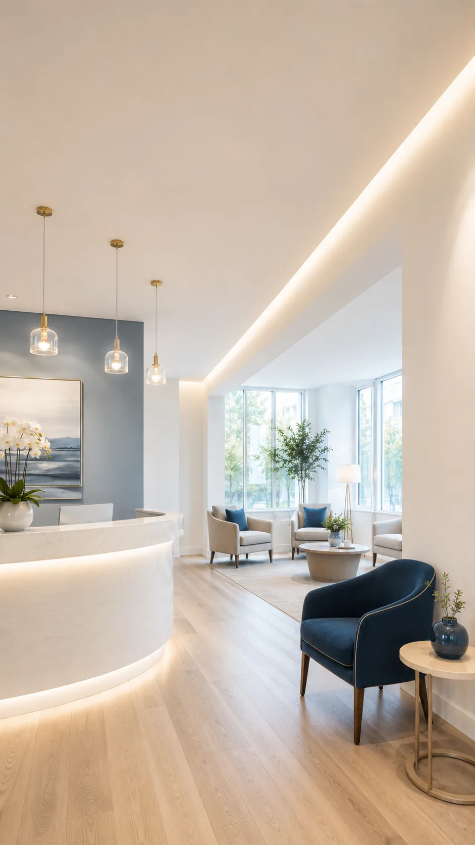 Calm private dental reception lounge
