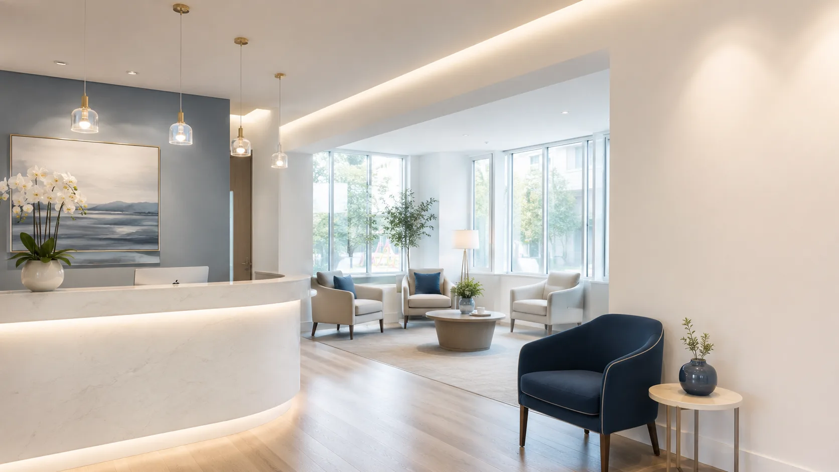 Calm private dental reception lounge